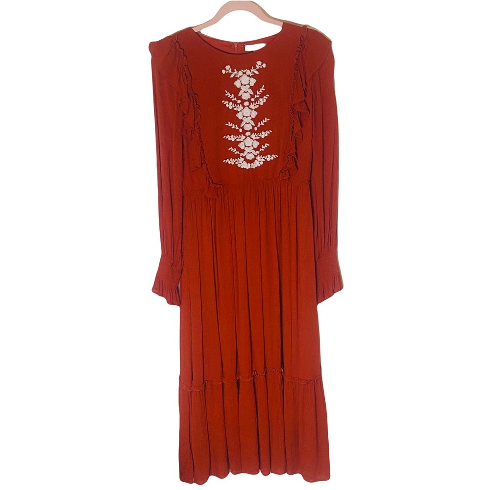 Shop Stevie Orange Long Sleeve Peasant Maxi Dress Floral Embroidered Size M